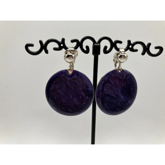 Purple Round Marble Clip-On Earrings Vintage! - Picture 2 of 11